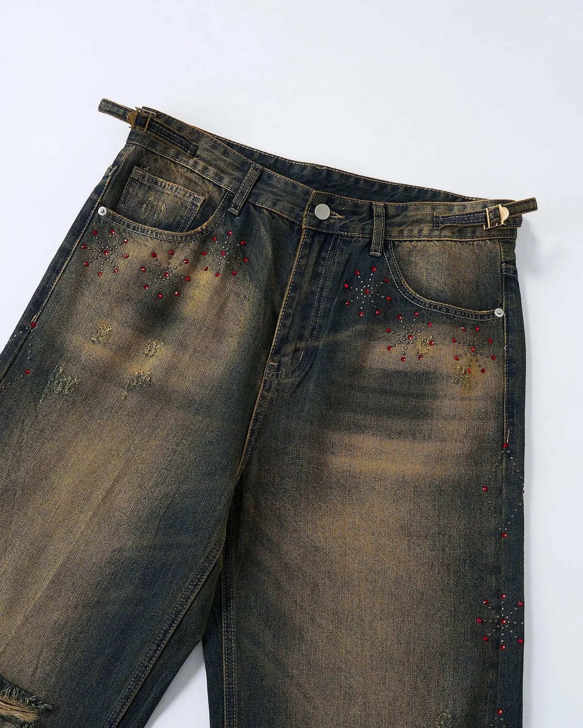 Dirty Wash Rhinestone Baggy Jeans by INFLATION featuring distressed denim with rhinestone embellishments and a loose, relaxed fit.