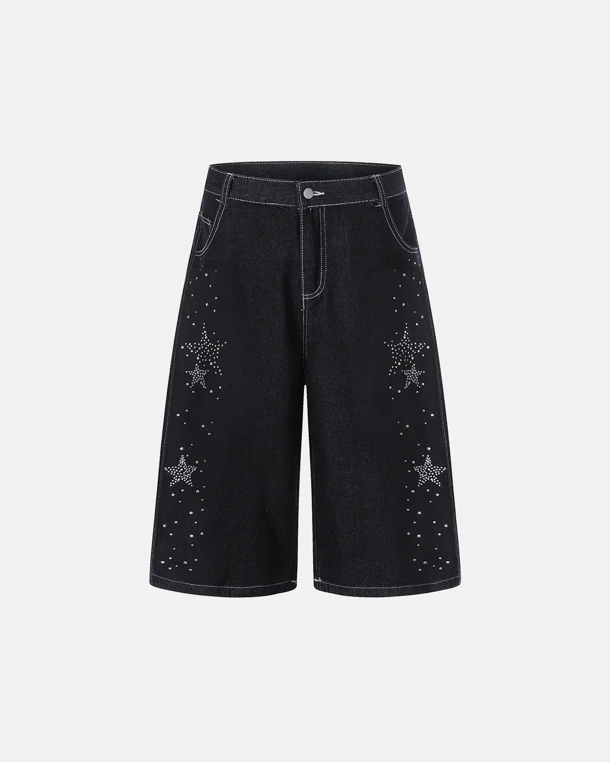 Star rhinestone denim shorts by INFLATION, stylish denim pants with sparkling star embellishments and a trendy streetwear design.