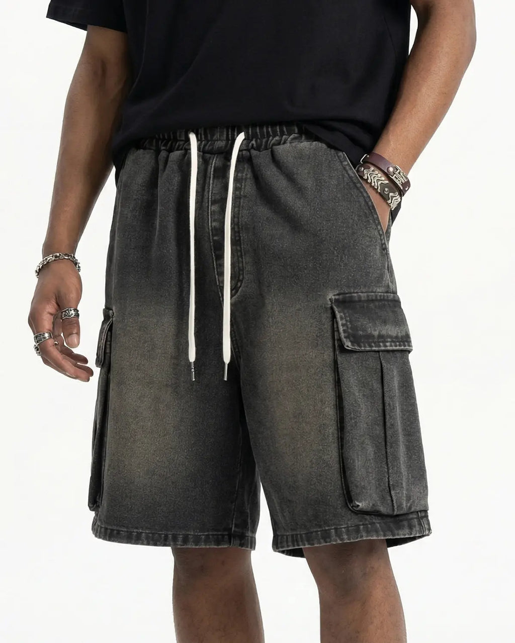 Washed denim cargo shorts with drawstring waist from INFLATION Streetwear, featuring multiple pockets and a relaxed fit.