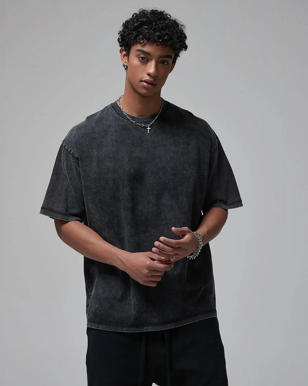 INFLATION mock neck wax washed T-shirt featuring a relaxed fit and textured fabric in a streetwear style.