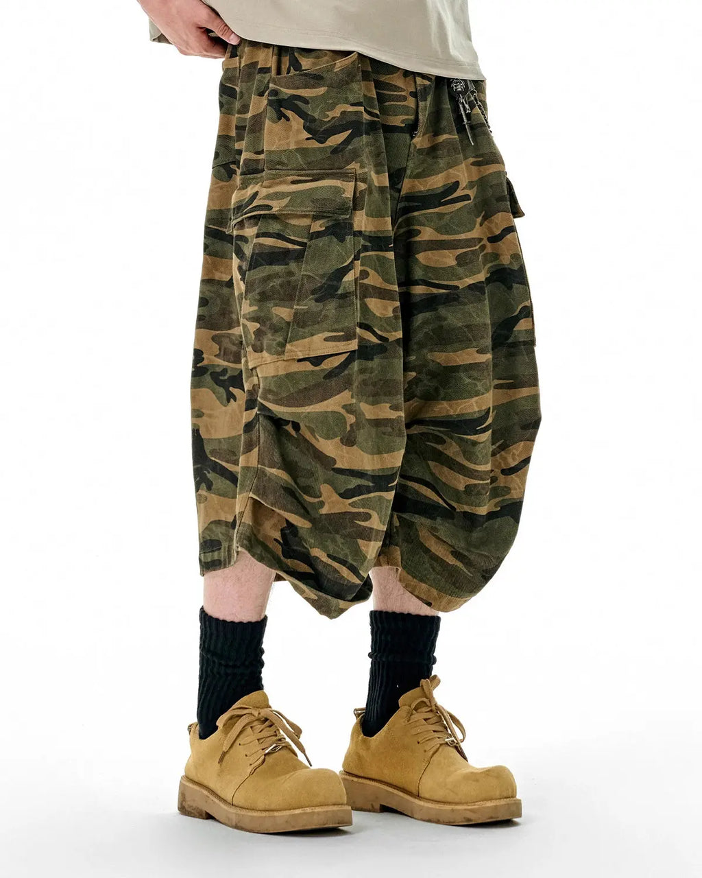 Camo cargo baggy shorts by Flation streetwear featuring a relaxed fit, multiple pockets, and camouflage pattern.