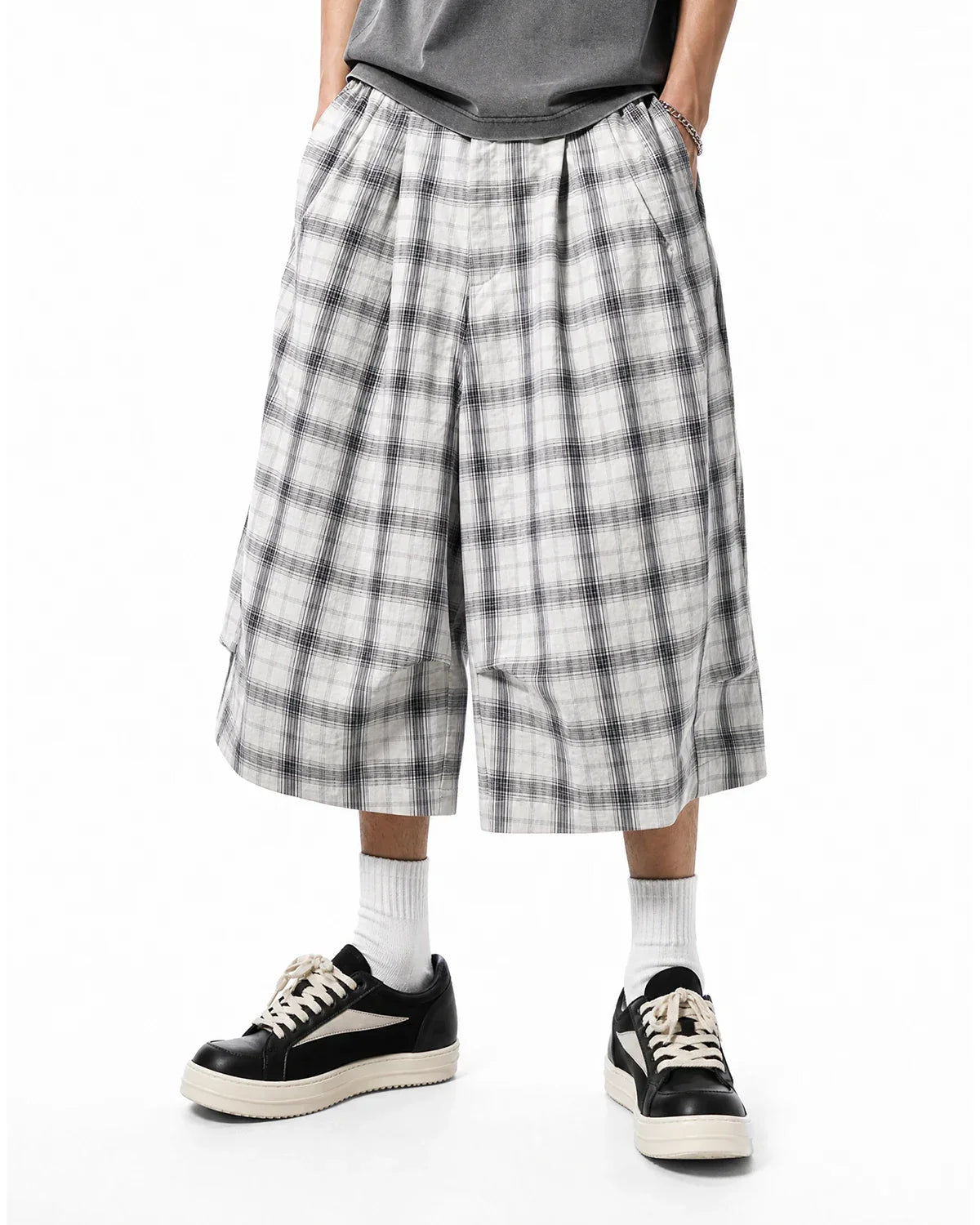 Inflation streetwear plaid longline casual shorts with a relaxed fit and stylish pattern, perfect for everyday wear.