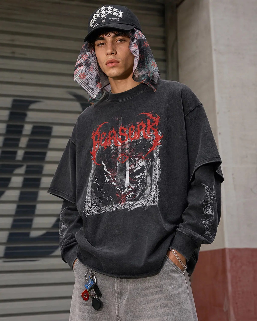 Graphic distressed acid wash layered T-shirt by Flation Streetwear featuring a vintage, faded design and casual street style.