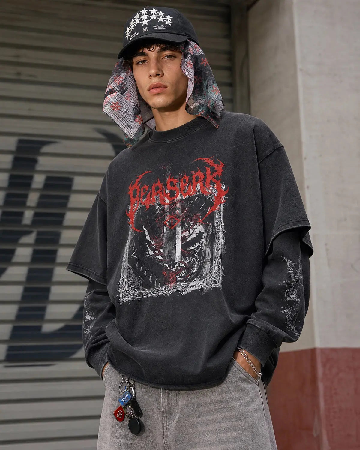 Graphic distressed acid wash layered T-shirt by Flation Streetwear featuring a vintage, faded design and casual street style.
