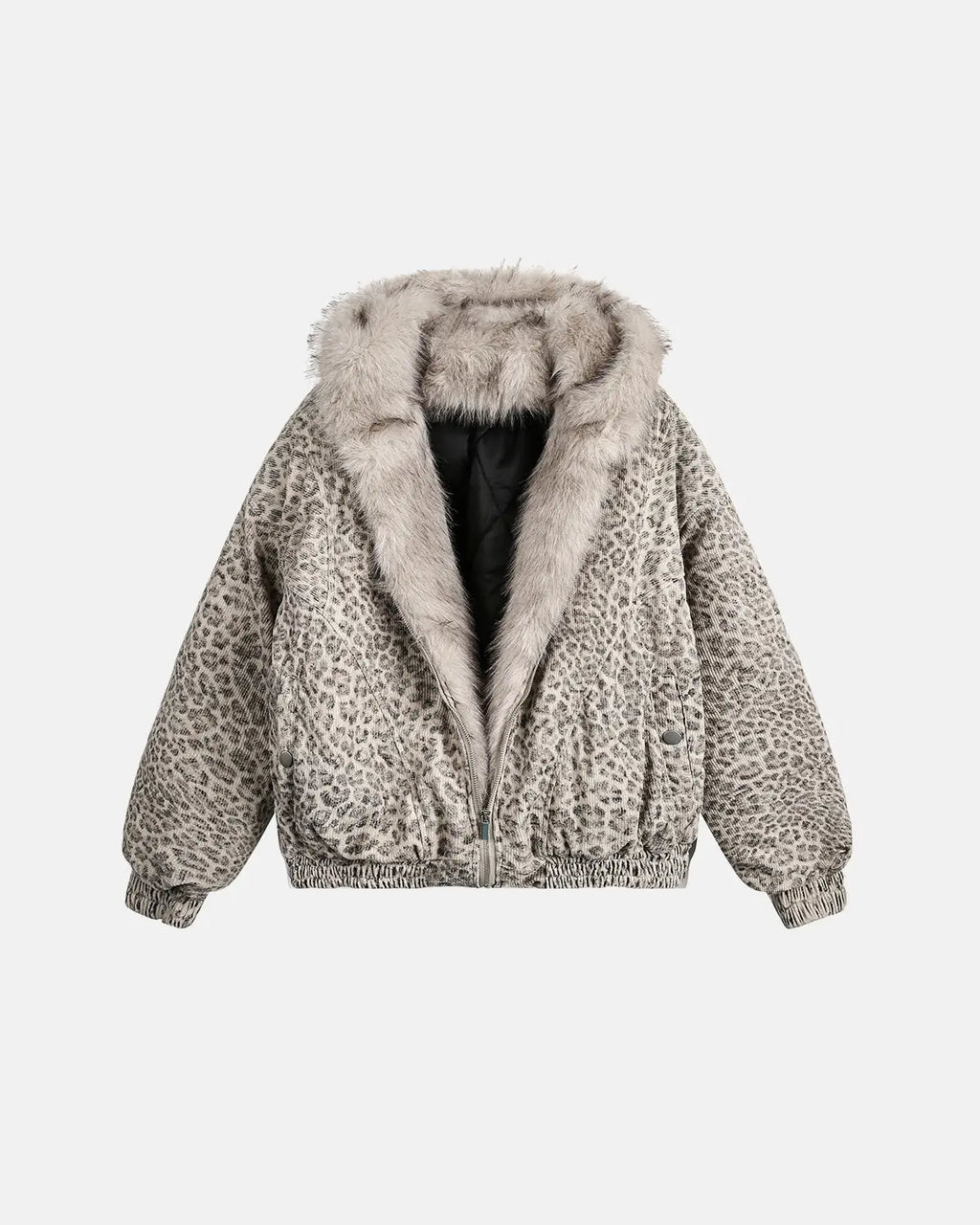 Inflation Leopard Faux Fur Lined Bomber Jacket featuring leopard print exterior and plush faux fur lining, stylish streetwear outerwear.