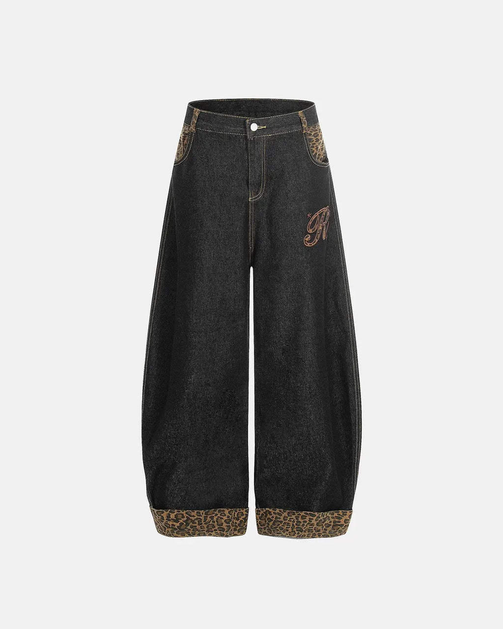 Leopard patchwork embroidery baggy jeans by INFLATION featuring bold animal print and relaxed streetwear style.