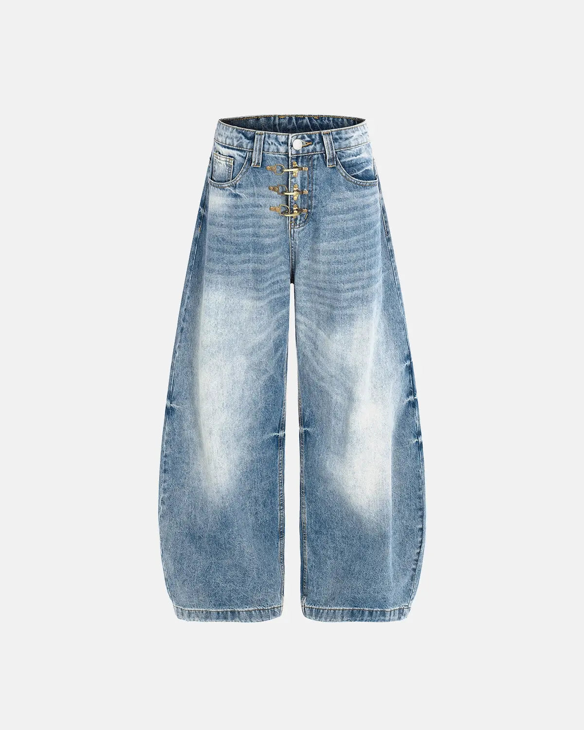 Acid washed Whisker Clasp barrel jeans by INFLATION, stylish streetwear pants with a vintage faded denim look and relaxed fit.