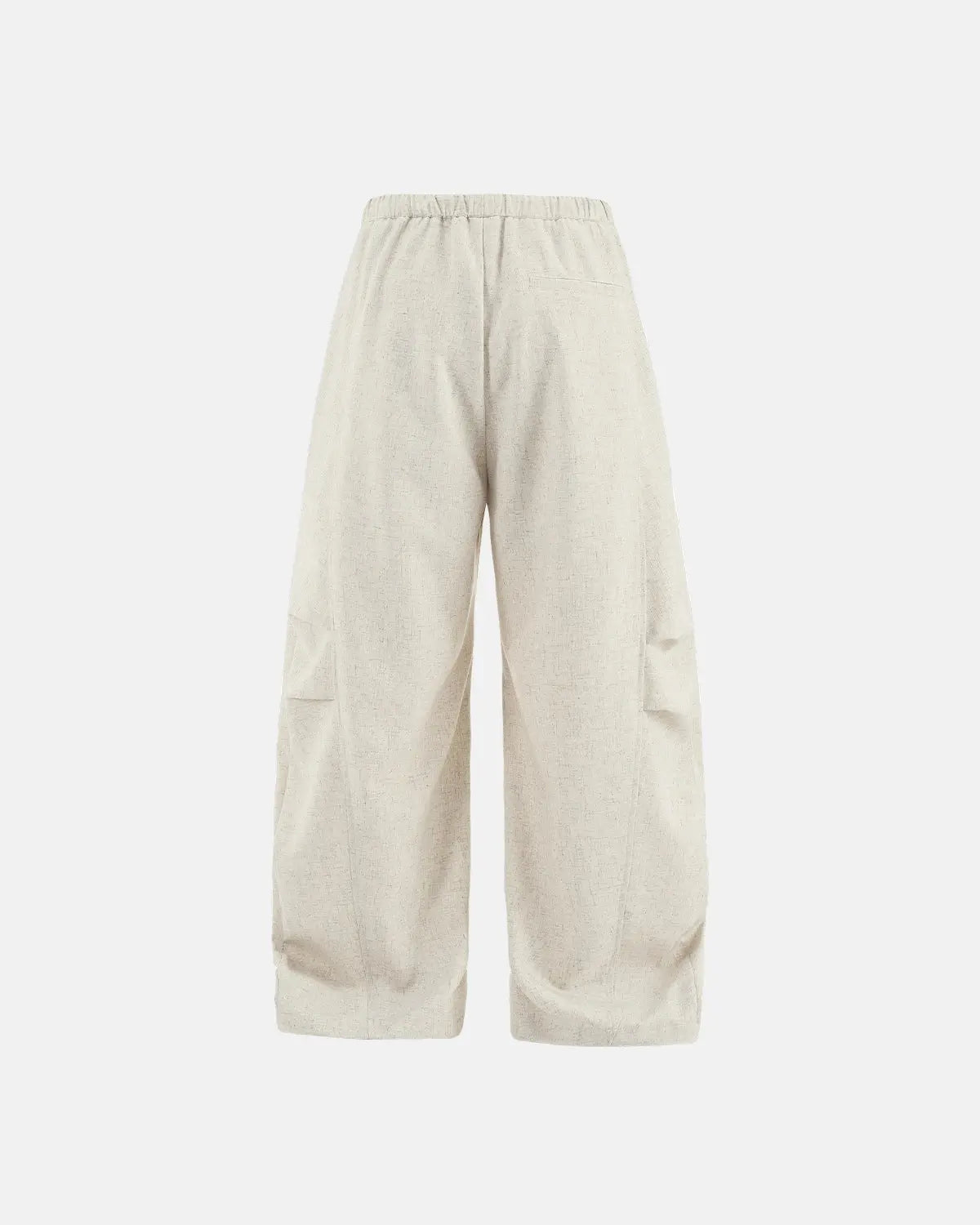 Light beige cotton linen wide-leg pants by INFLATION Streetwear, shown on a model, featuring a relaxed fit and casual style.