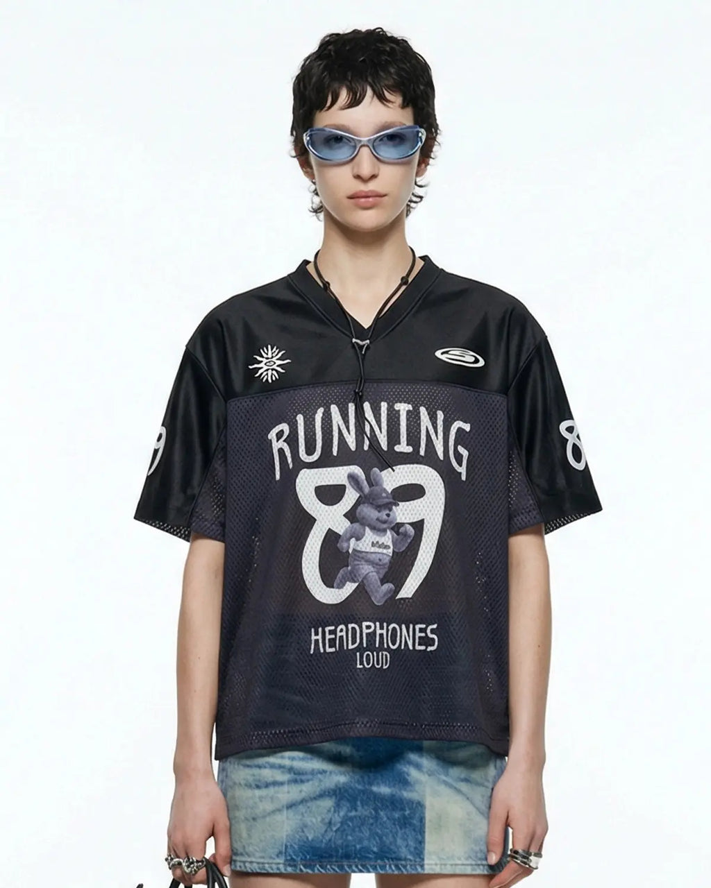 Inflation Streetwear V-Neck Mesh Patchwork Jersey Tee with mixed mesh panels and casual V-neck design.
