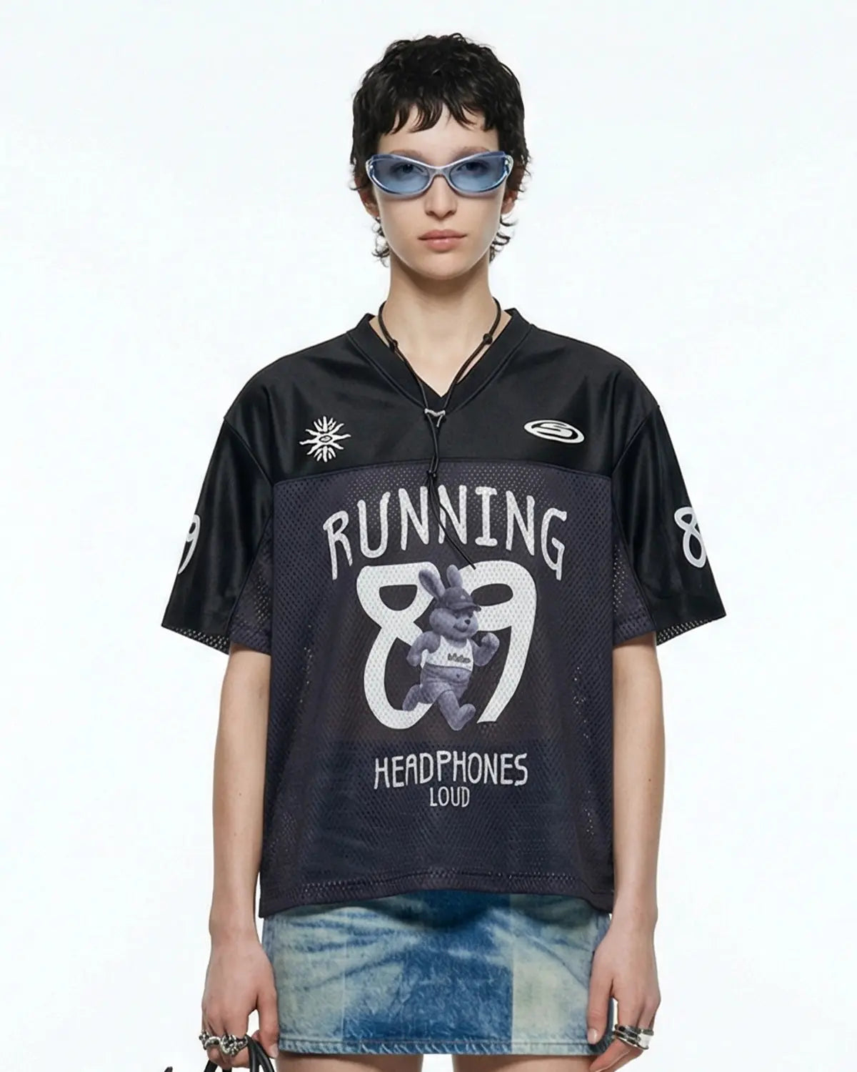 Inflation Streetwear V-Neck Mesh Patchwork Jersey Tee with mixed mesh panels and casual V-neck design.