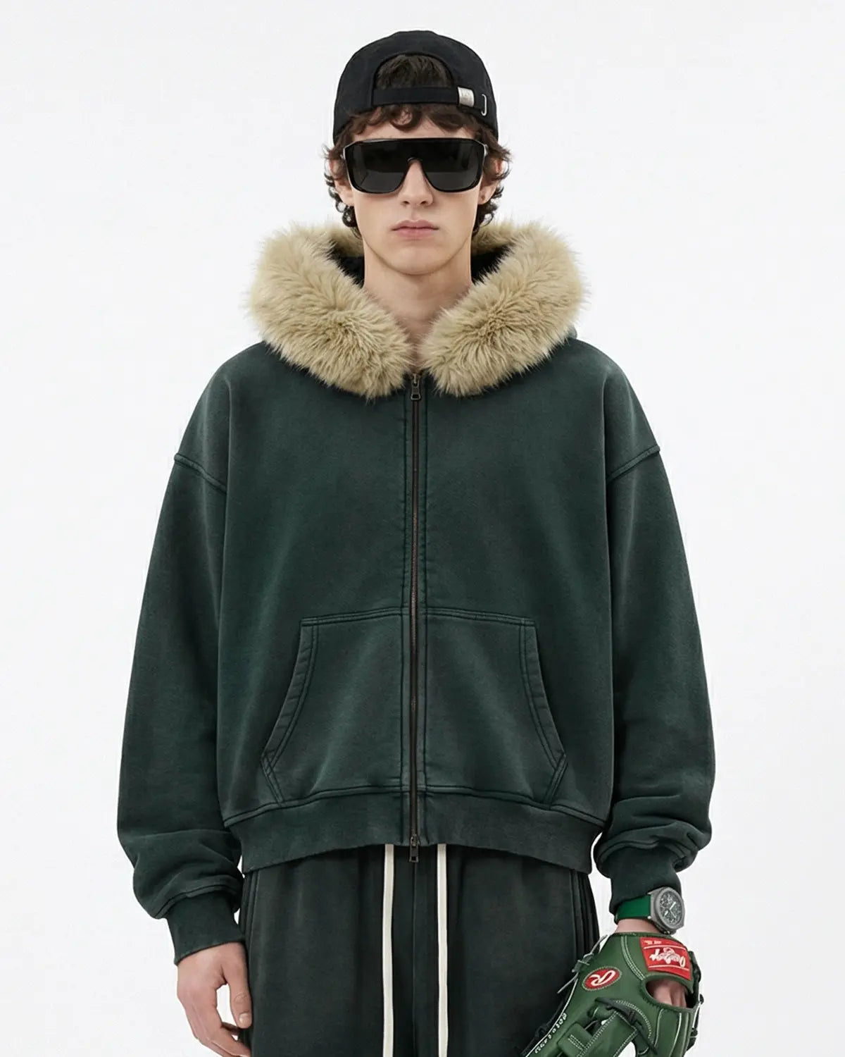 Inflation Streetwear faux fur collar distressed zip-up hoodie featuring a plush fur collar and rugged distressed fabric.