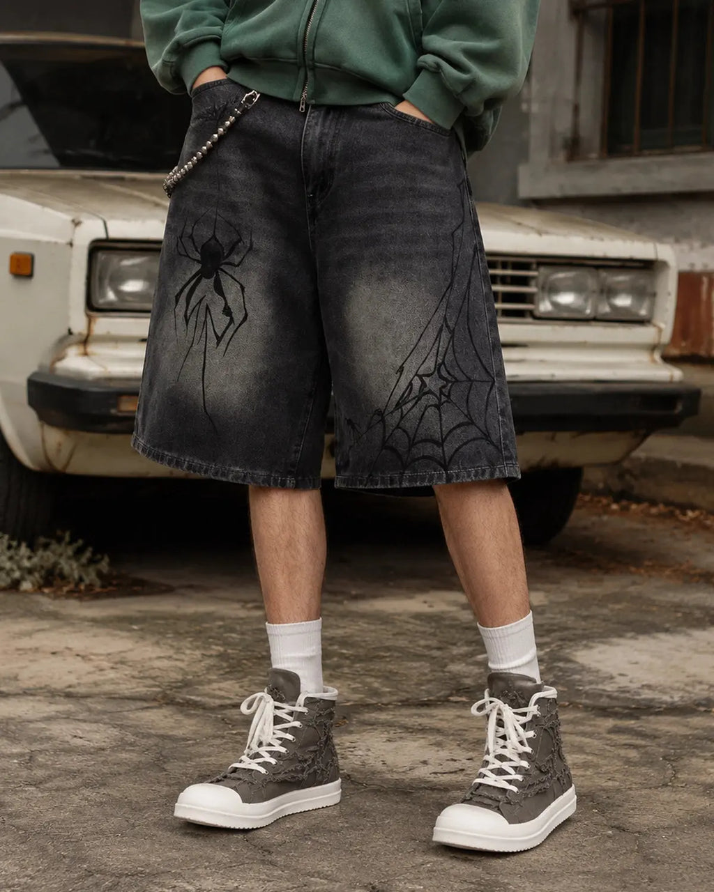 Flation Spider Straight Leg Jorts, stylish denim pants with spider graphic design, casual streetwear style, front view.