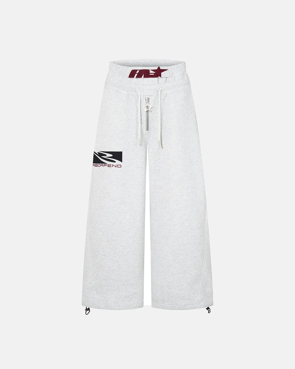 Inflation Streetwear layered waist baggy wide-leg sweatpants with relaxed fit and elastic waistband, shown in neutral fabric.