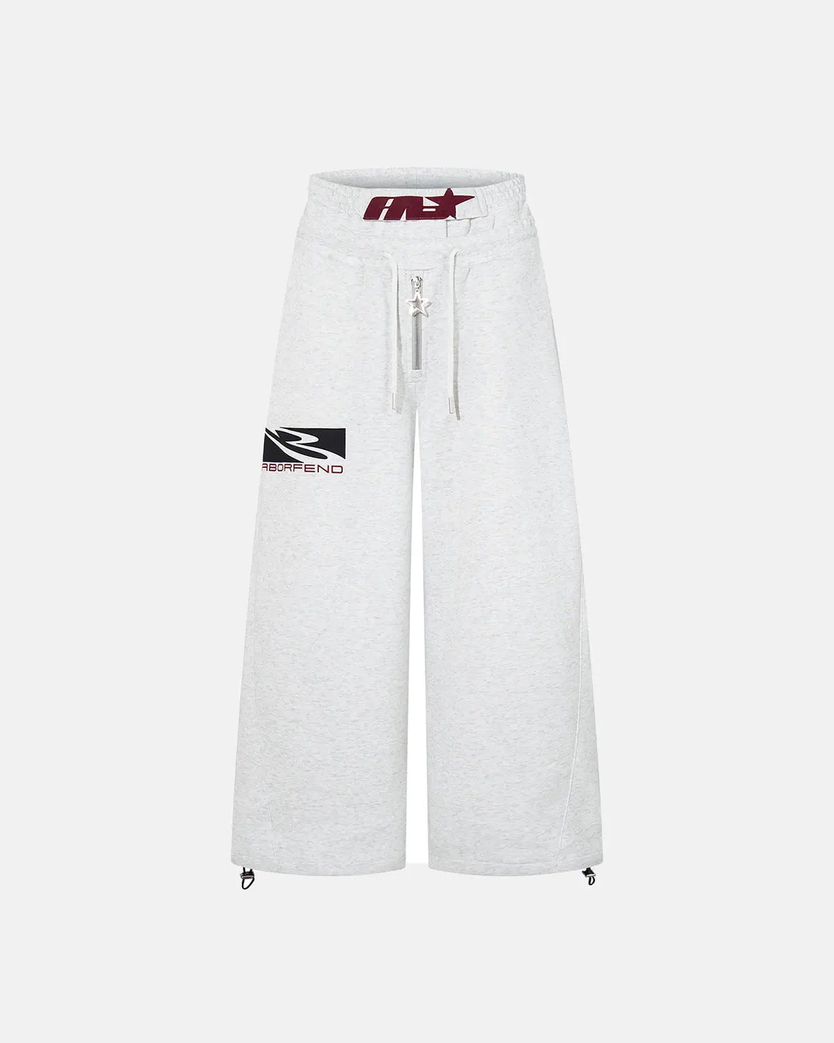 Inflation Streetwear layered waist baggy wide-leg sweatpants with relaxed fit and elastic waistband, shown in neutral fabric.