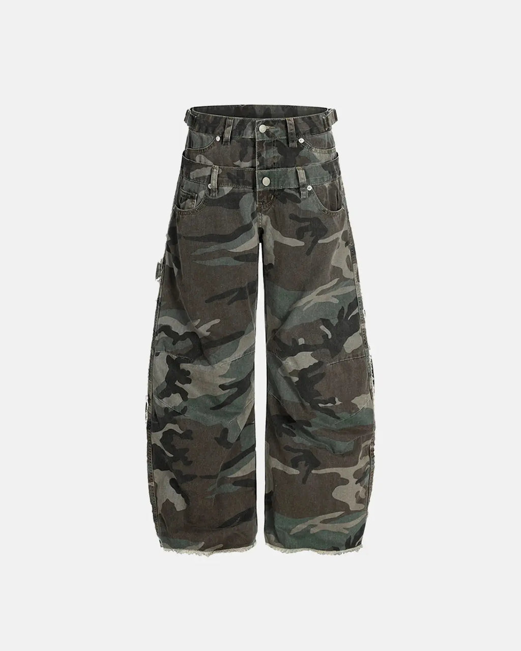 Inflation streetwear double waist camo cargo pants with multiple pockets and a relaxed fit, featuring a green and brown camouflage pattern.