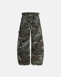 Inflation streetwear double waist camo cargo pants with multiple pockets and a relaxed fit, featuring a green and brown camouflage pattern.
