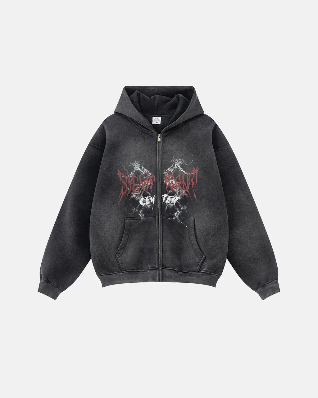Flation Washed Graphic Zip-Up Hoodie featuring a casual fit, front zipper, and artistic design on soft washed fabric.