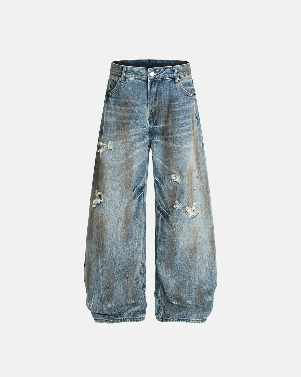 Distressed barrel jeans from Inflation Streetwear featuring a dirty wash finish and relaxed fit, stylish and rugged denim design.