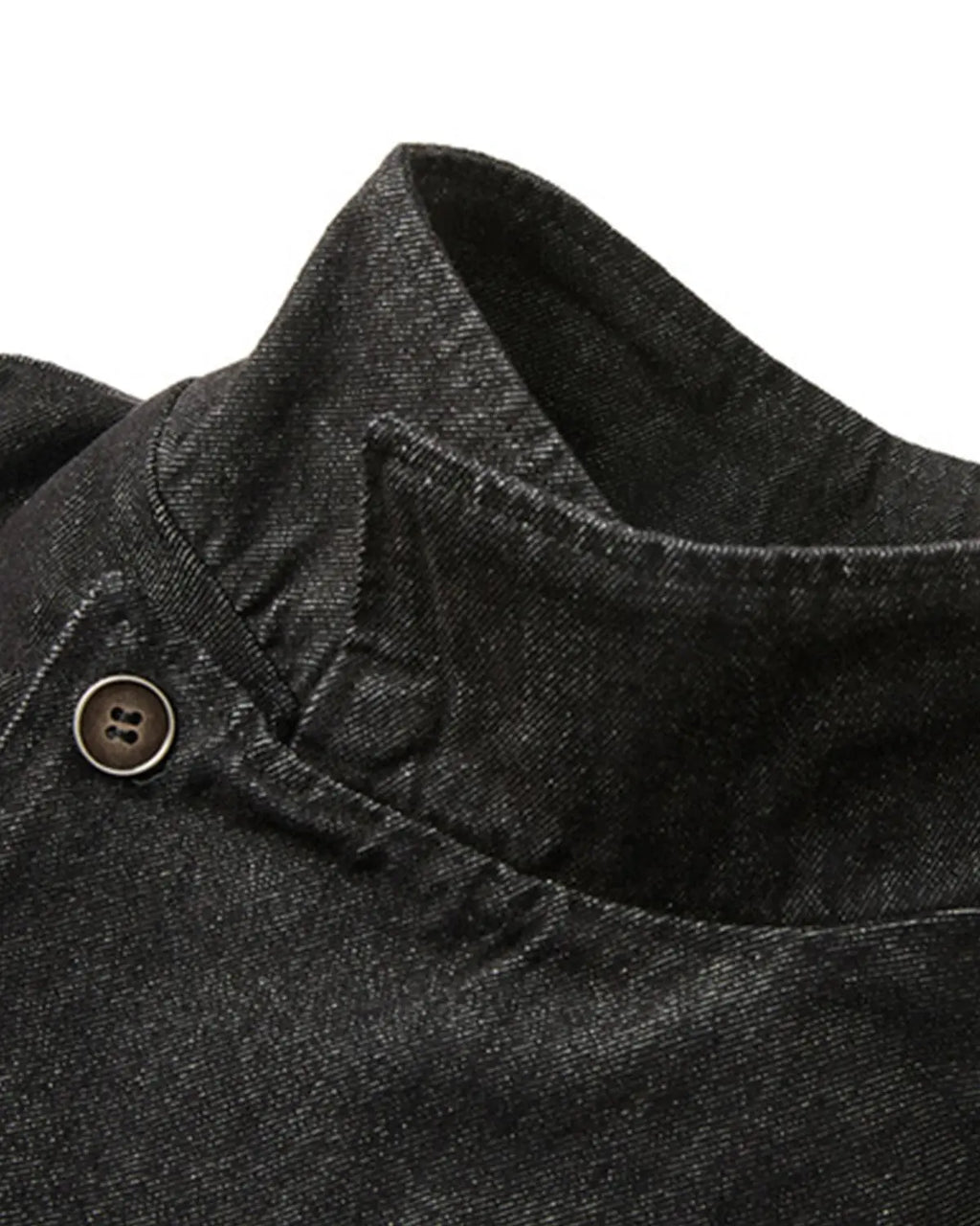 Inflation streetwear cropped asymmetric denim jacket with button details, stylish and casual for modern urban fashion.