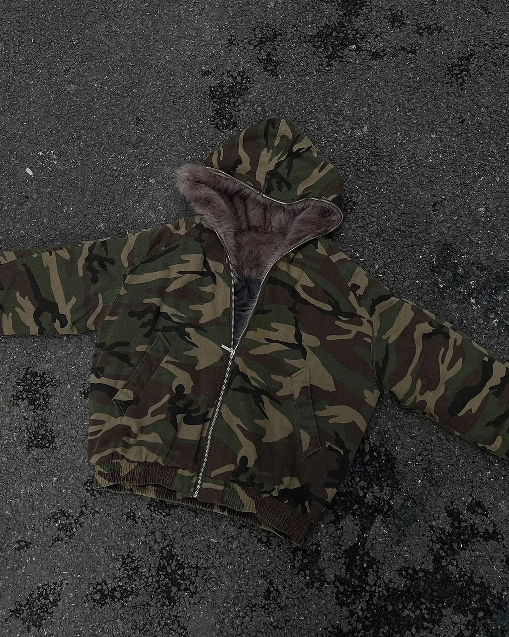 Inflation Camo Faux Fur Lined Bomber Jacket with camouflage pattern and cozy fur interior, stylish streetwear outerwear.