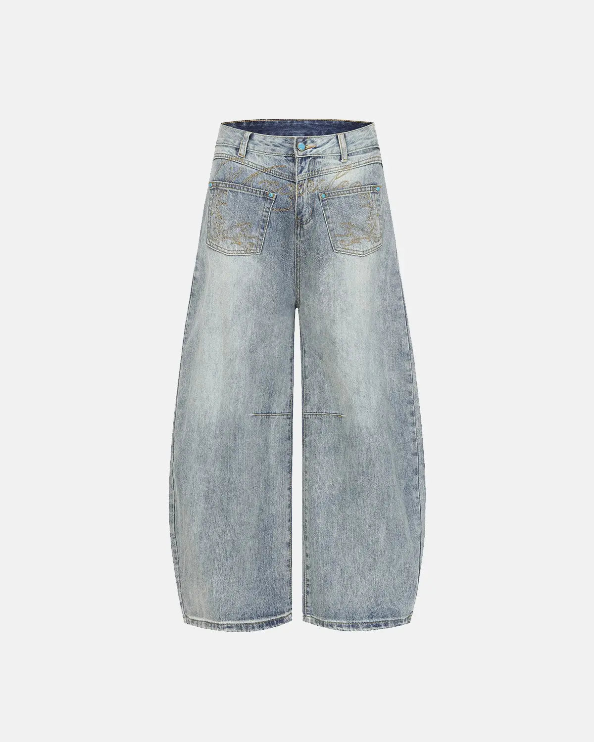 Inflation brand graphic embroidered washed barrel jeans, stylish streetwear pants with detailed embroidery and a relaxed fit.