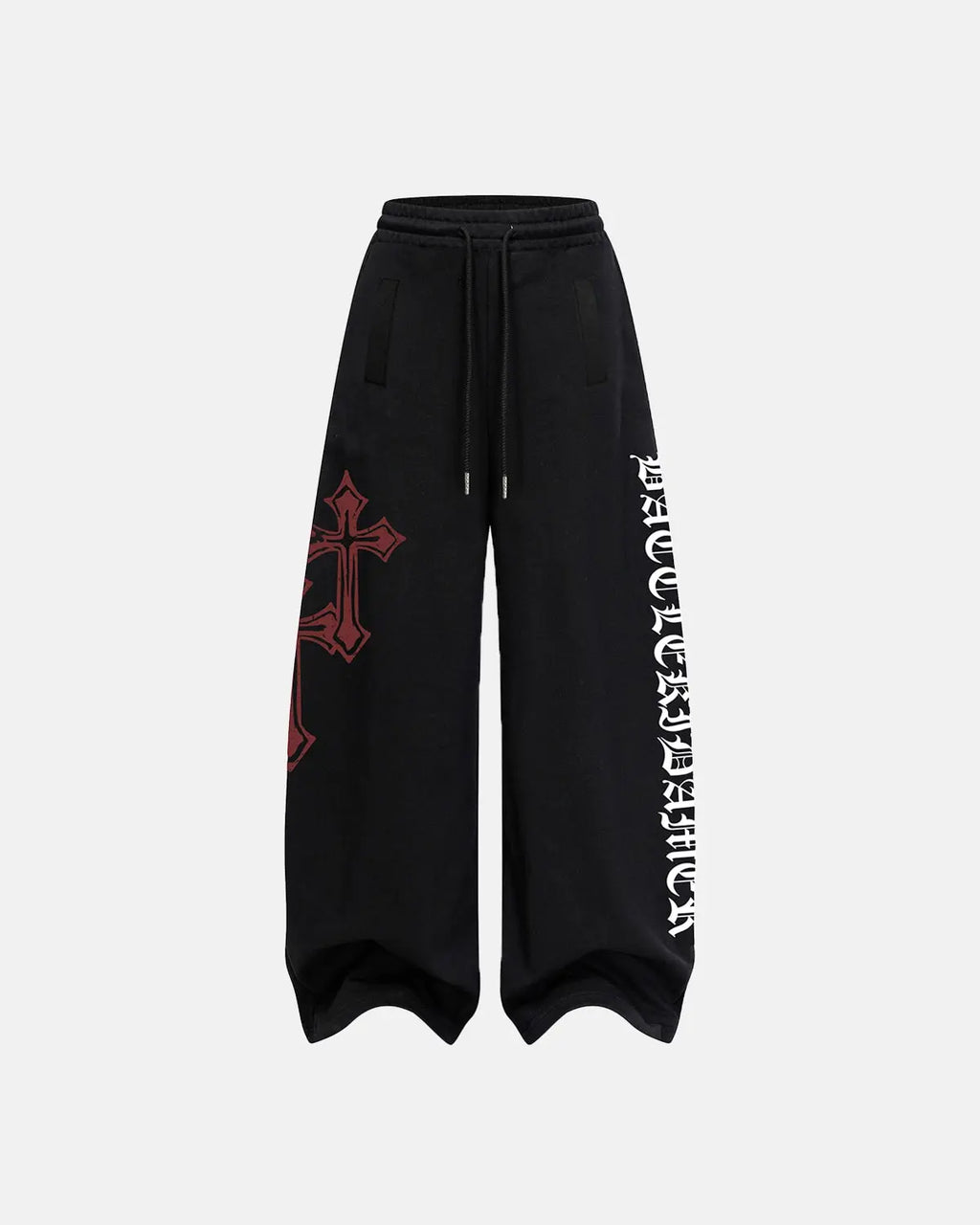 Inflation Streetwear cross print baggy sweatpants with relaxed fit and graphic design, made from comfortable fabric.