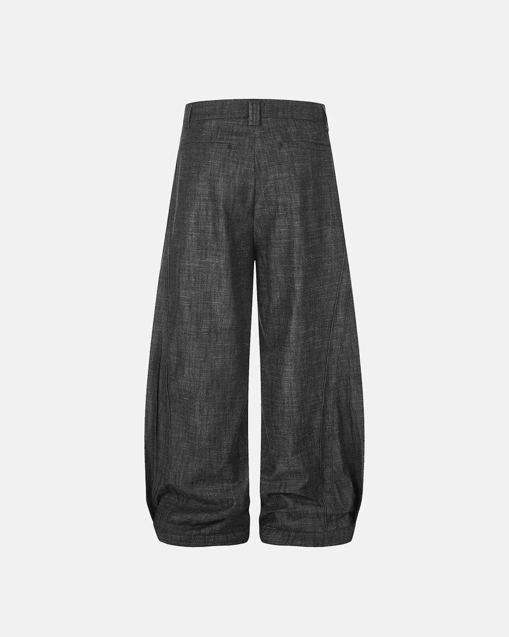 Lightweight structured barrel jeans from INFLATION Streetwear, showing a close-up of the denim fabric and unique barrel silhouette.