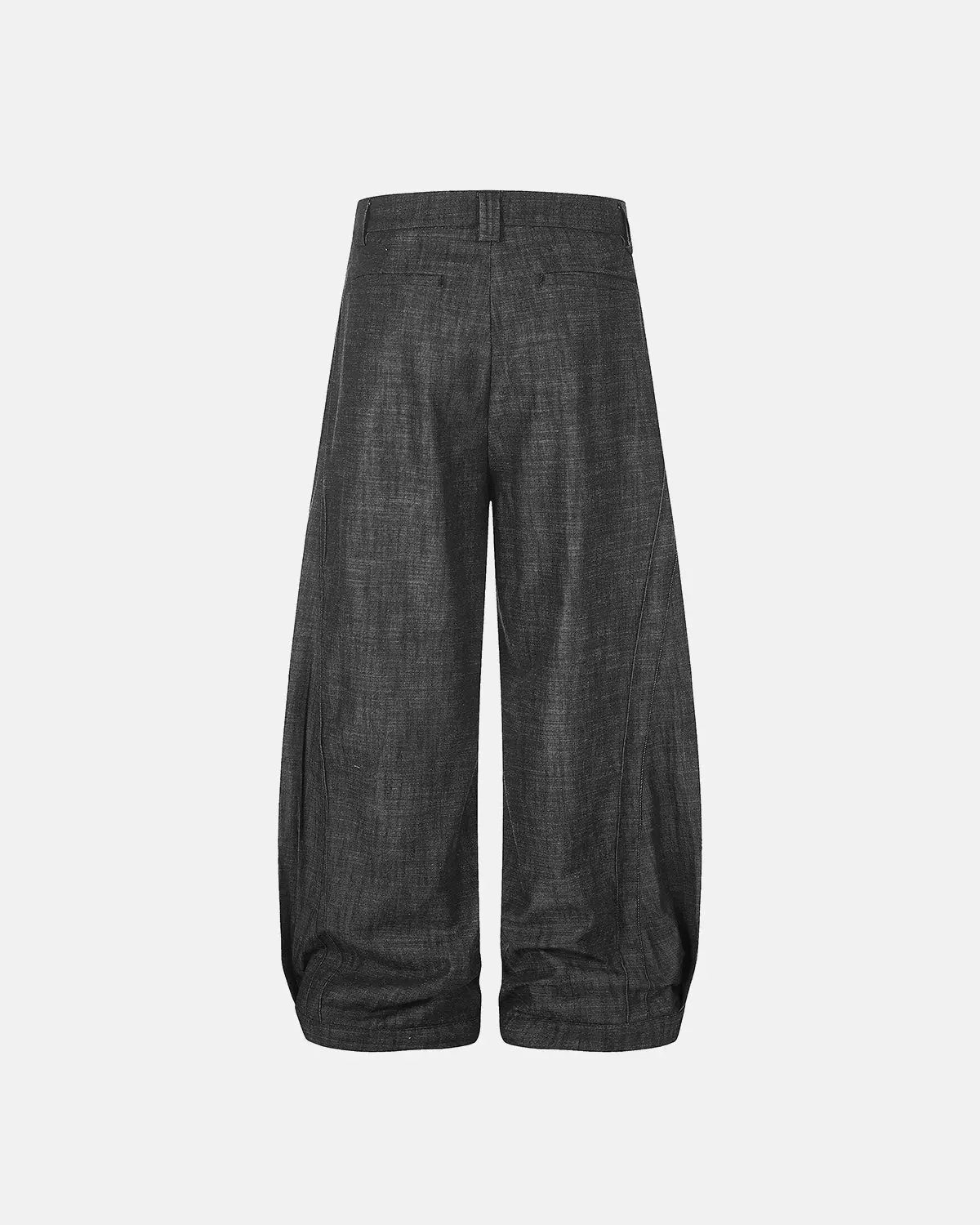 Lightweight structured barrel jeans from INFLATION Streetwear, showing a close-up of the denim fabric and unique barrel silhouette.
