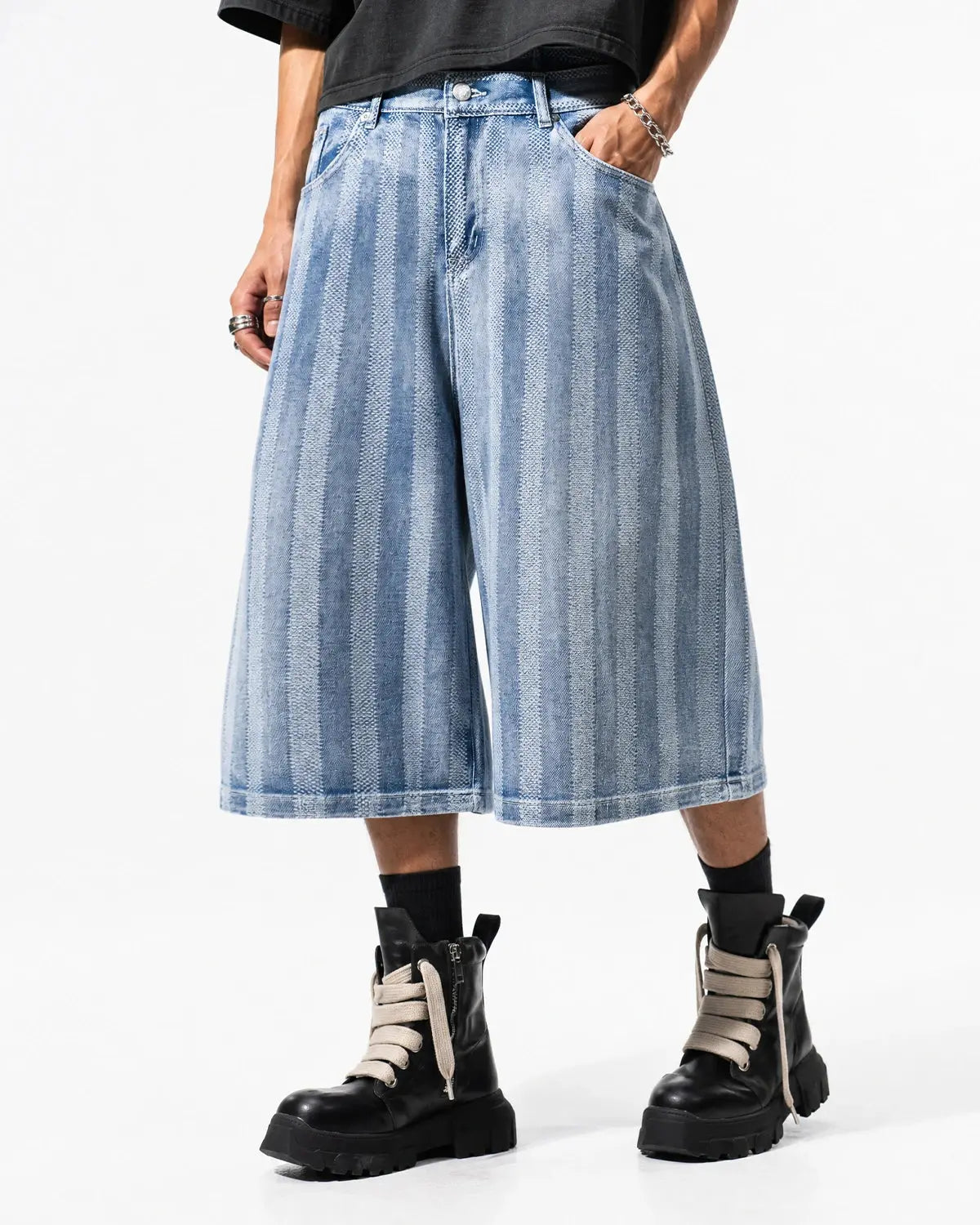 Woven texture baggy jorts by INFLATION, stylish denim shorts with a relaxed fit and unique woven fabric detail.