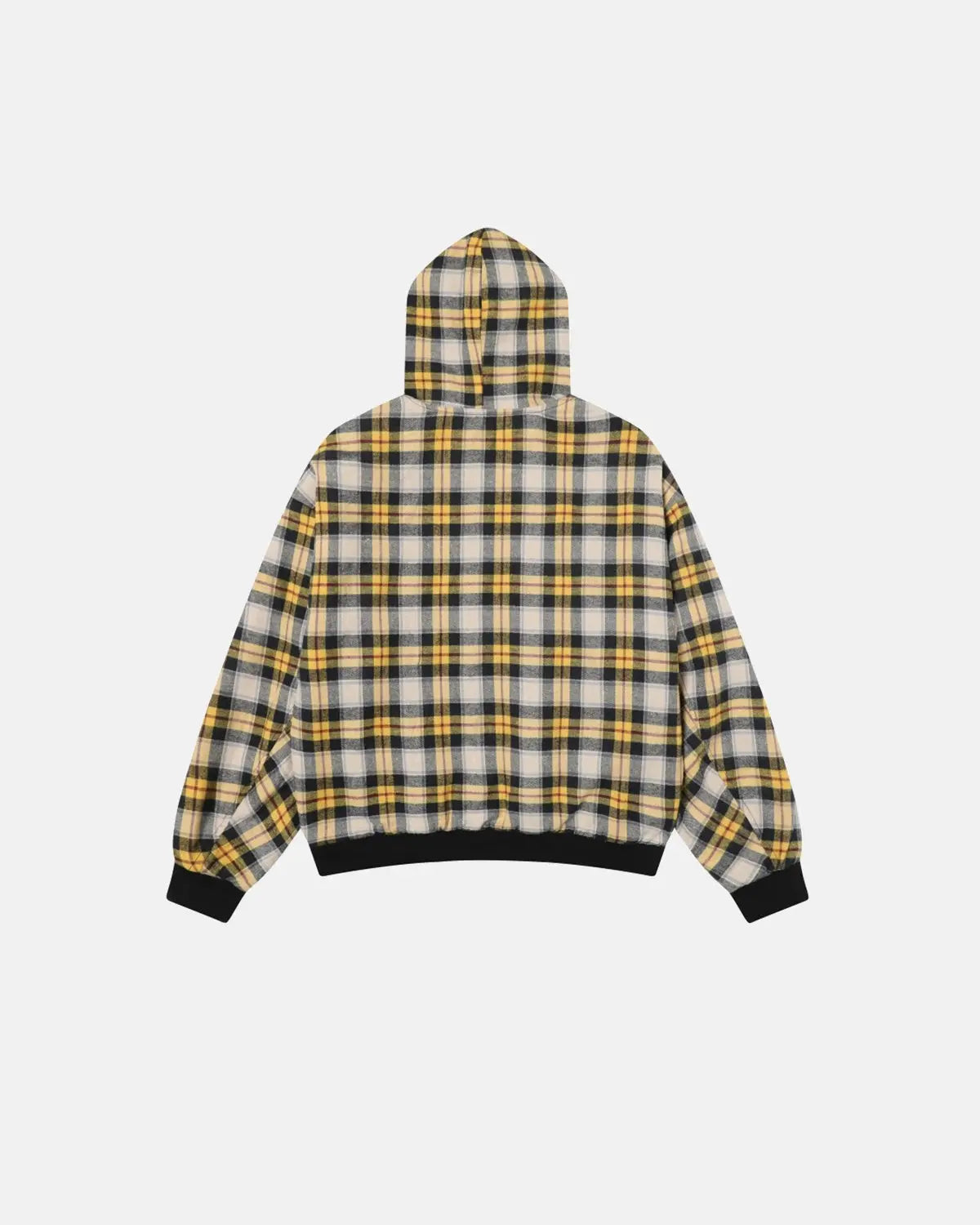 Reversible plaid zip-up hoodie by INFLATION Streetwear, showing both plaid and solid sides, with a hood and full zip closure.