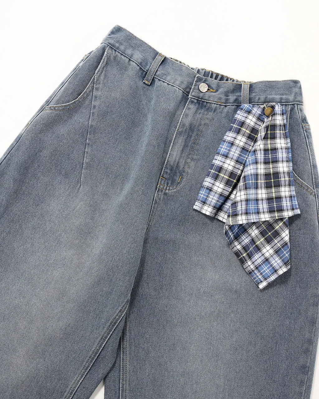 Acid wash Flation Streetwear baggy jeans with adjustable detachable bandana detail, relaxed fit and distressed style.