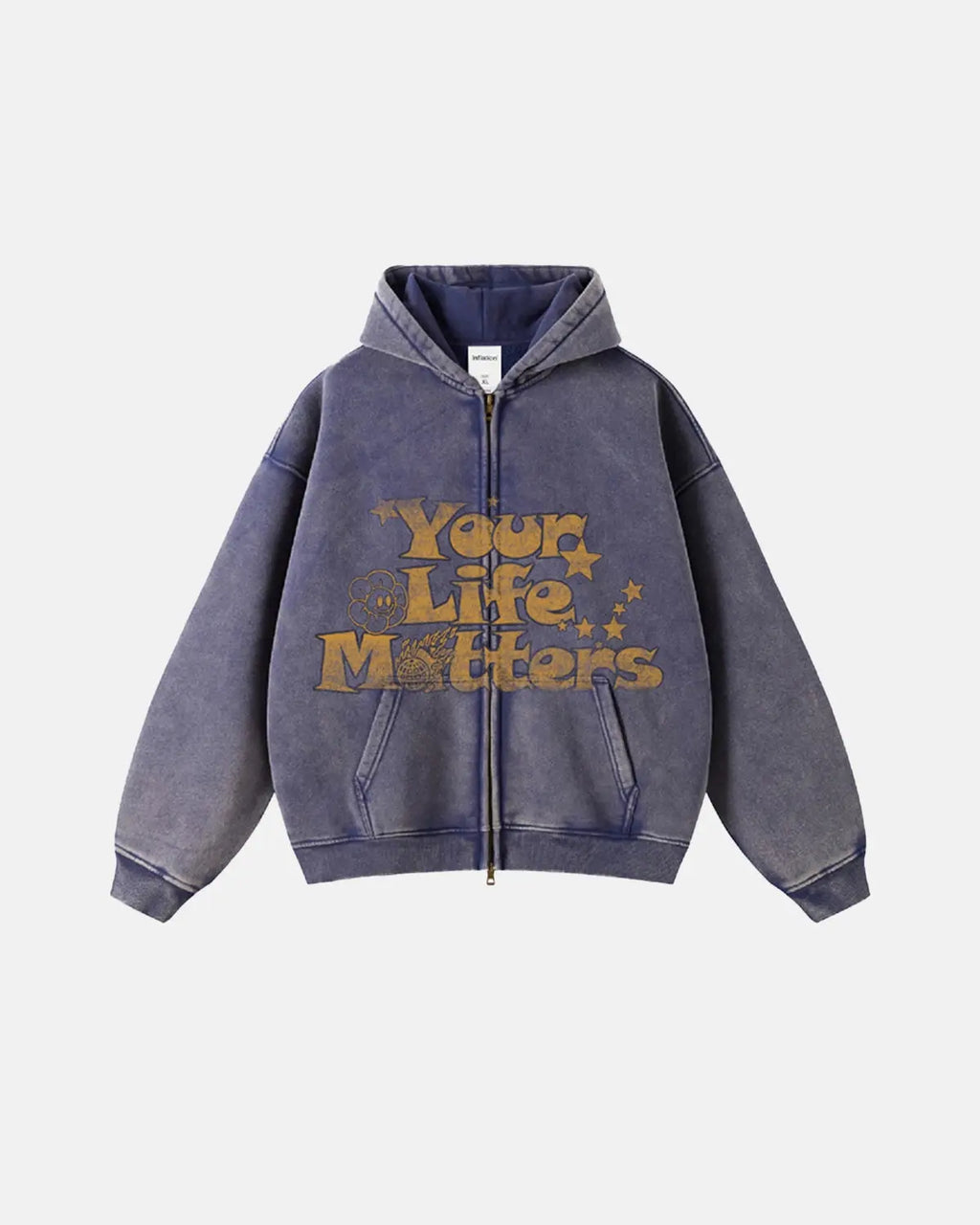 "Flation Your Life Matters washed zip-up hoodie with front pocket and printed slogan, casual streetwear style"