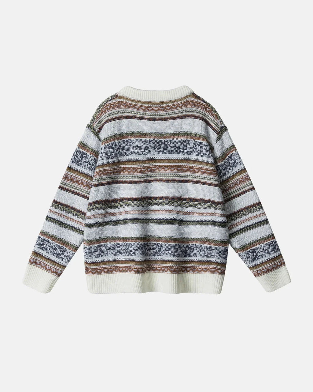 Inflation Streetwear round neck sweater with stripe jacquard pattern, featuring a stylish, fitted design in a close-up view.