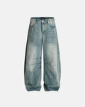 Deconstructed bamboo weave baggy jeans by Flation Streetwear showing relaxed fit and distinctive textile details.