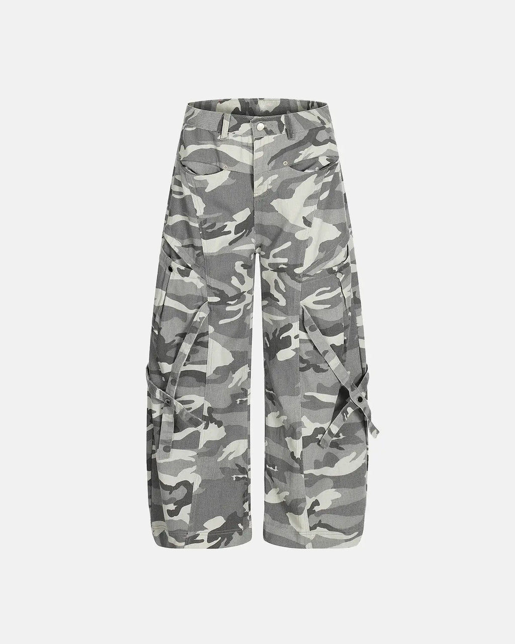 Camouflage cargo pants with multiple pockets by INFLATION, featuring a relaxed fit and streetwear style.