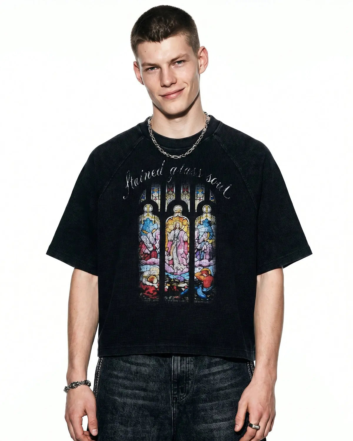 Inflation Streetwear washed graphic boxy waffle t-shirt, front view showing casual fit and bold graphic design.