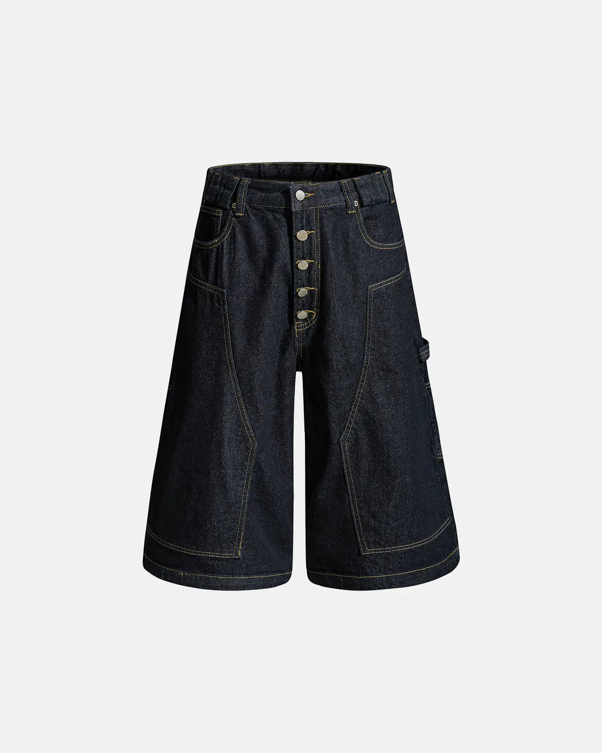 Deconstructed wide-leg longline jorts by INFLATION Streetwear, showing distressed denim with frayed hems and oversized fit.