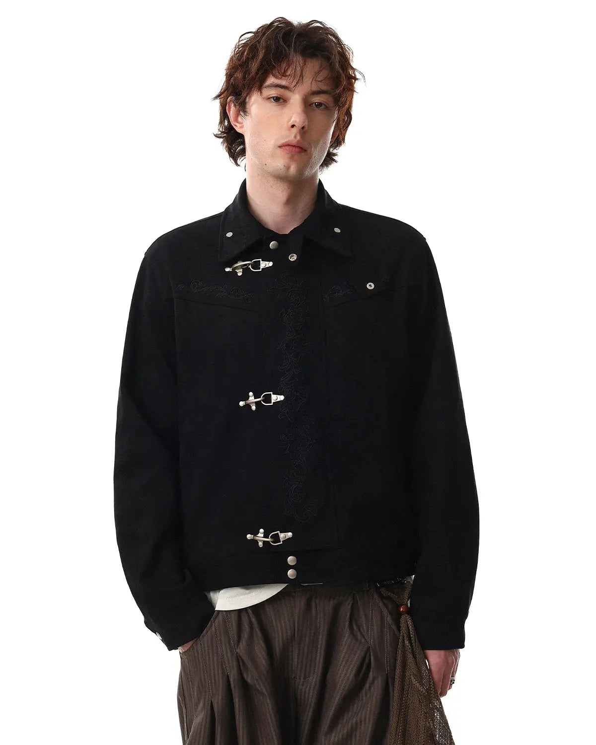 Inflation Streetwear embroidery jacquard cropped clasp jacket with detailed woven pattern and stylish collar, displayed on a hanger.