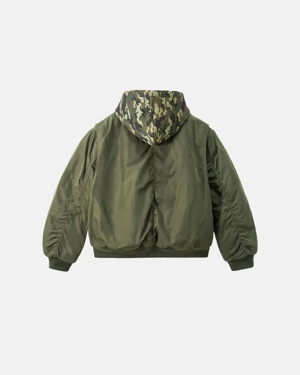 Detachable layered camo bomber jacket by INFLATION featuring a green camouflage pattern and a stylish, modern streetwear design.