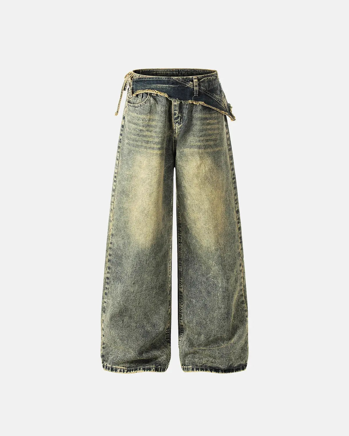 Distressed washed wide-leg denim jeans by INFLATION featuring a relaxed fit and ripped details on light blue denim fabric.