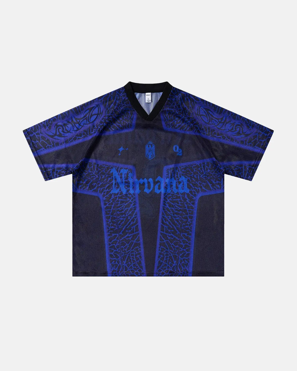 Inflation Streetwear tribal pattern mesh jersey t-shirt with bold designs and breathable fabric, featuring a stylish streetwear look.
