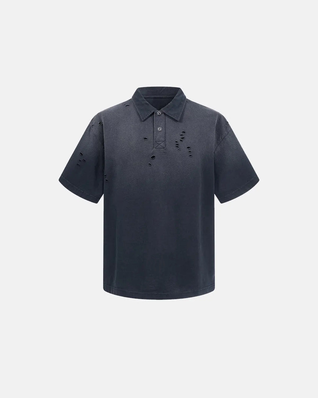 Distressed washed polo shirt from Inflation Streetwear with ripped details and faded fabric for a casual, trendy look.