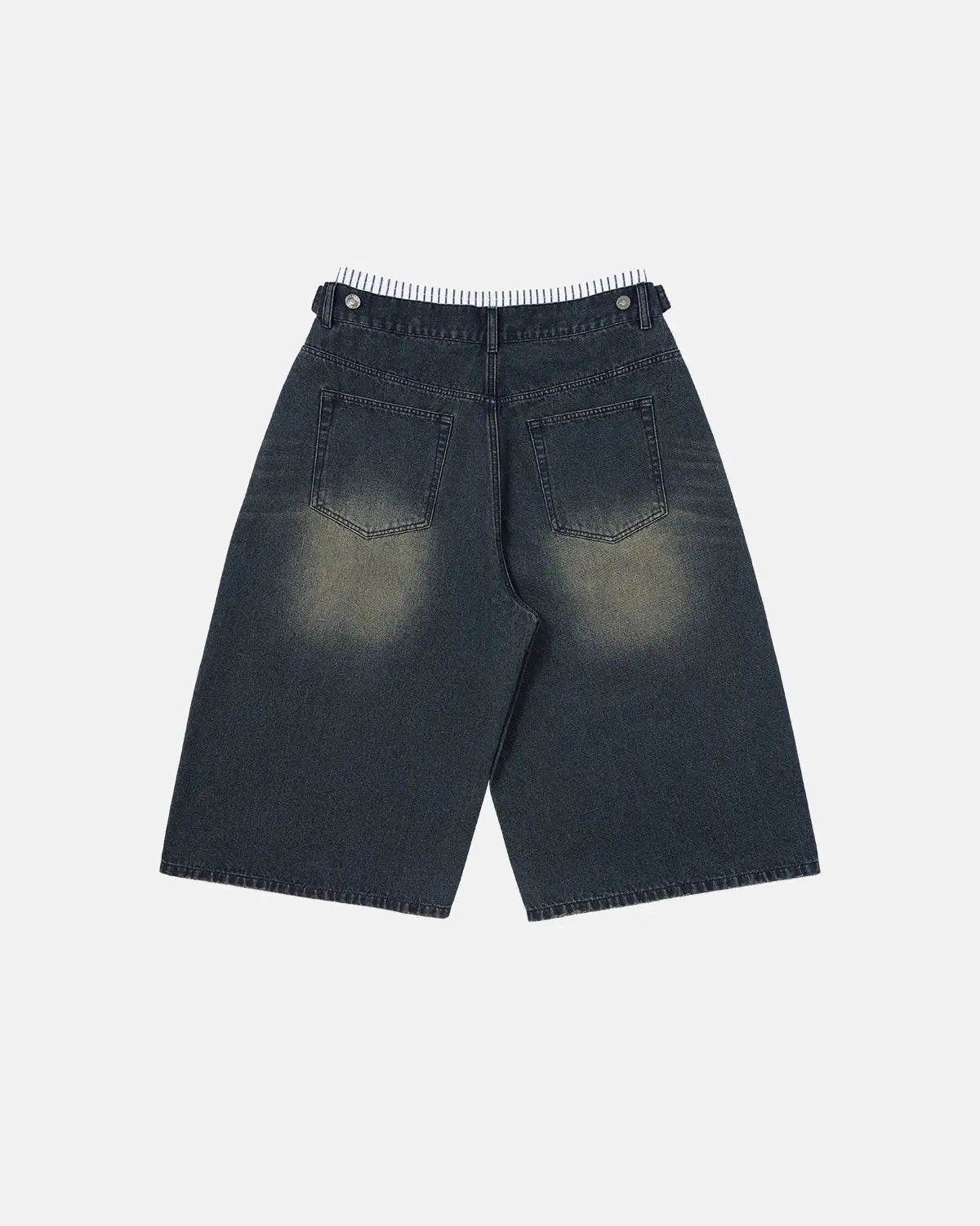 Inflation Double Waist Baggy Jorts in denim with wide leg fit, featuring multiple pockets and distressed details.