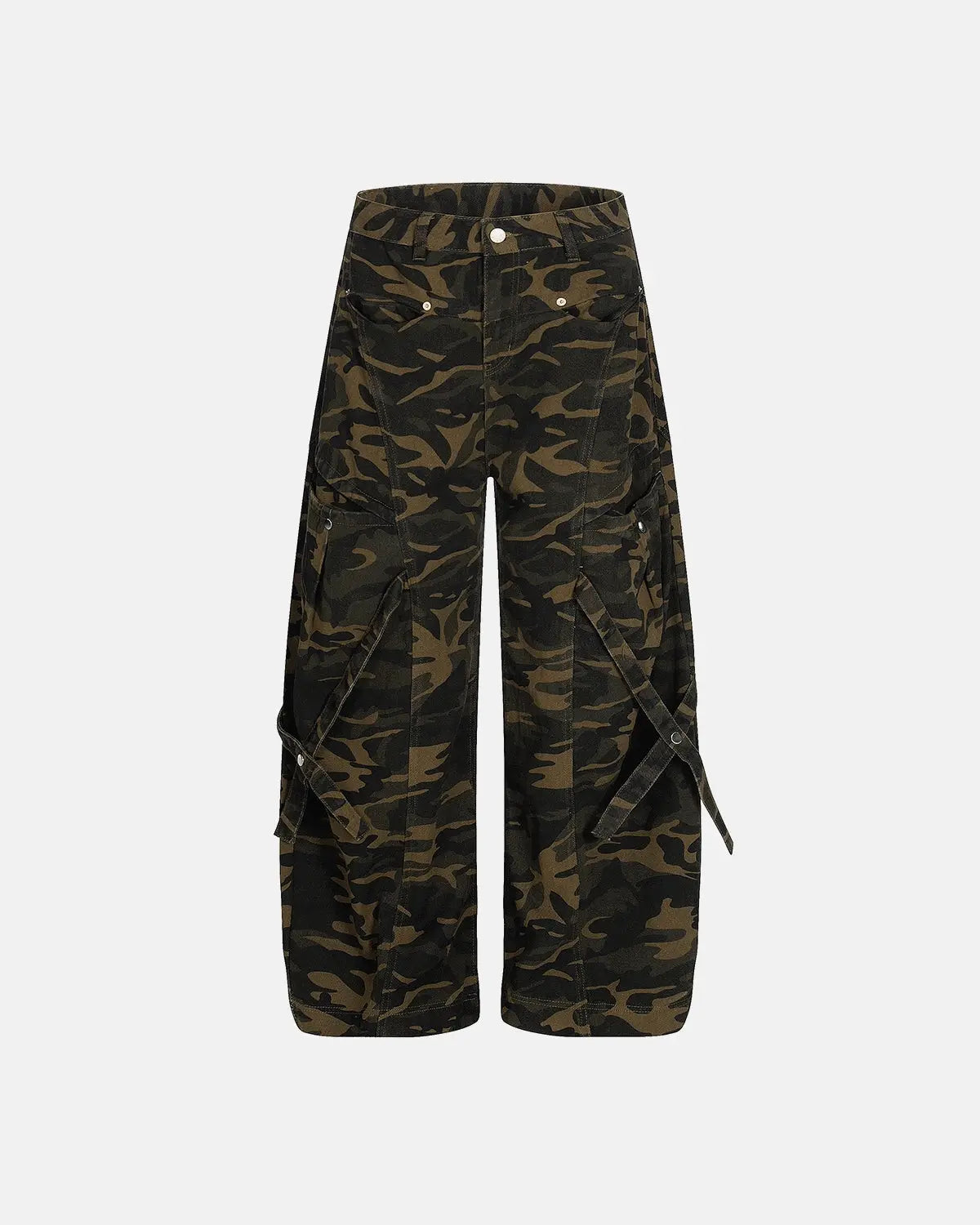 Inflation Multi-Pockets Barrel Camouflage Cargo Pants with multiple side and back pockets, rugged streetwear style in camouflage print.