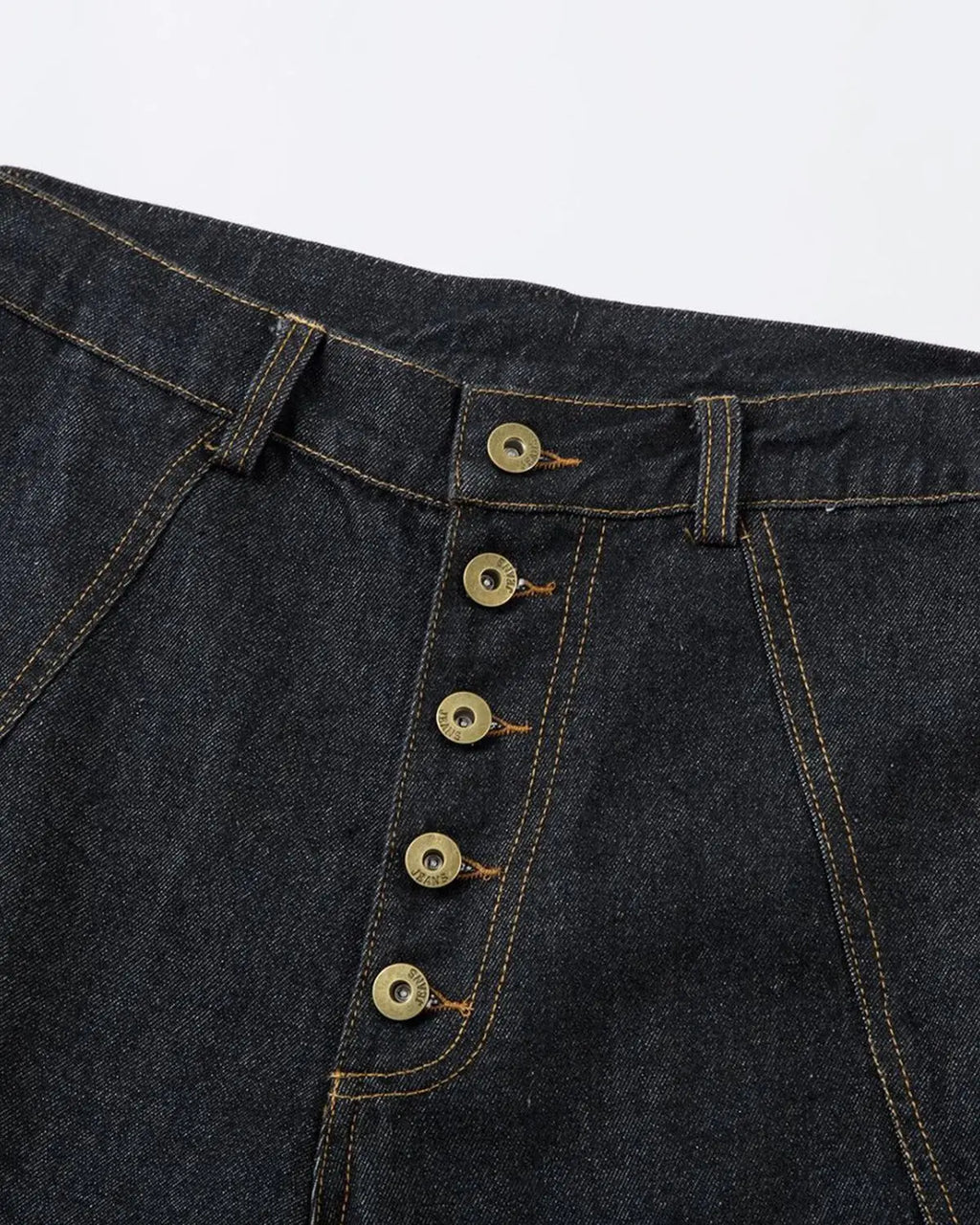 Flation Stitching Button Up Baggy Jeans featuring distressed denim, relaxed fit, and detailed stitching on a casual streetwear style.