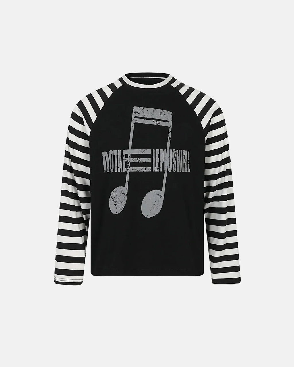 Inflation Streetwear music graphic striped long sleeve T-shirt featuring bold print and comfortable fabric, casual streetwear style.