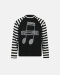 Inflation Streetwear music graphic striped long sleeve T-shirt featuring bold print and comfortable fabric, casual streetwear style.