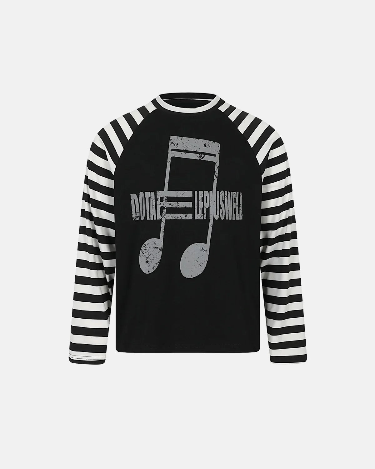 Inflation Streetwear music graphic striped long sleeve T-shirt featuring bold print and comfortable fabric, casual streetwear style.