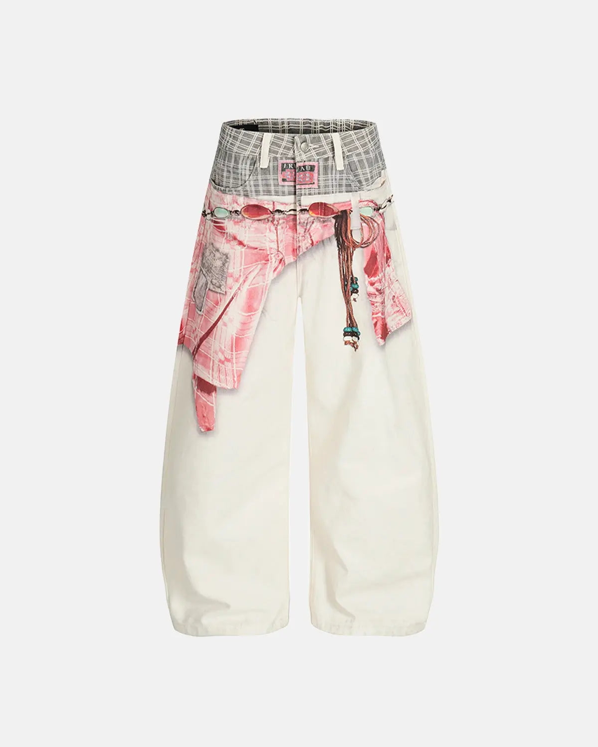 Digital printing baggy jeans by INFLATION, featuring a relaxed fit and vibrant print design, styled with casual streetwear.