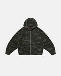 Reversible camouflage zip-up jacket by Inflation Streetwear, showing both camo and solid side with front zipper and hood detail.